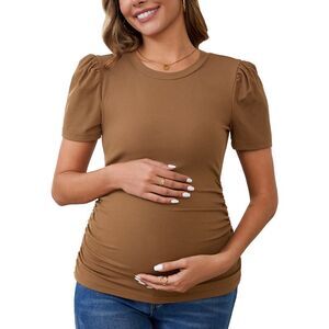 Maternity Business Short Sleeve Side Ruched Ribbed Knit Puff Shirts Brown